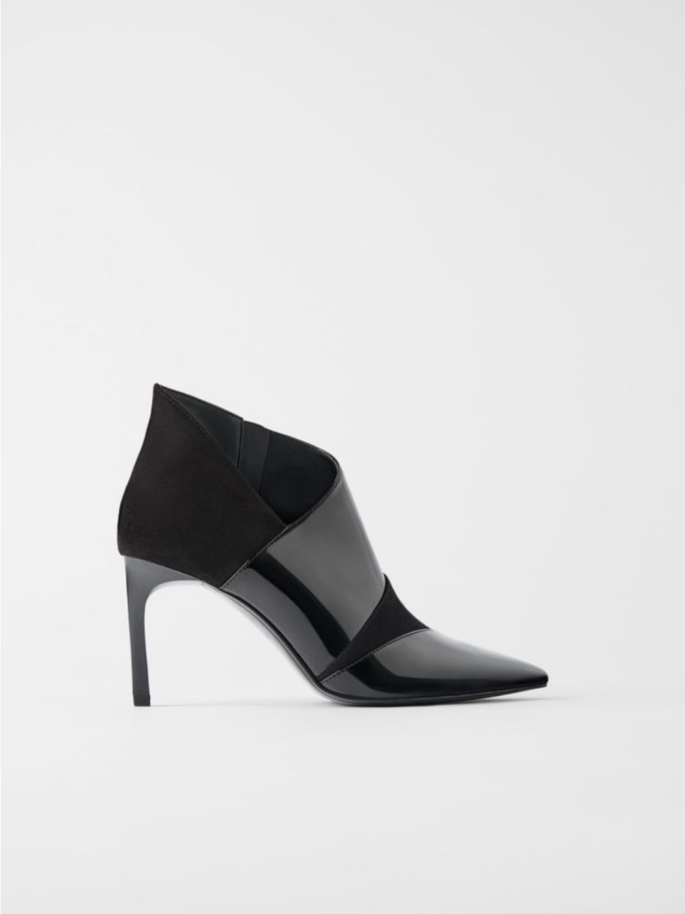 Zara Black Patent & Suede Pointed Stiletto Ankle Boot